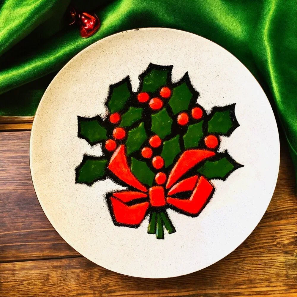 Annemarie Davidson Copper Floral Enamel Plate Christmas Holly Bow Sticker